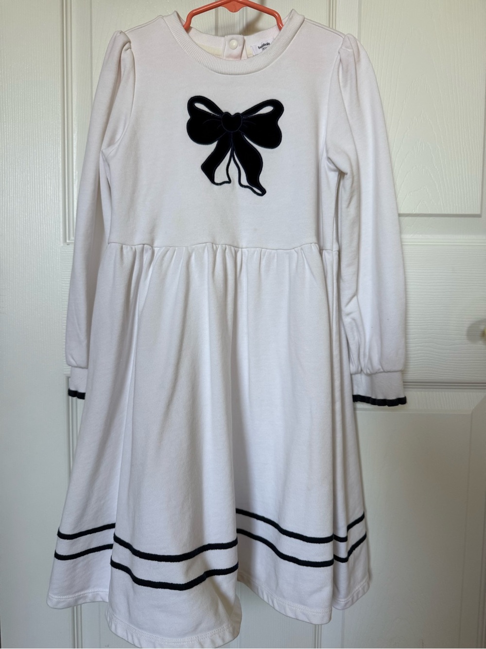 Ivory Long Sleeve Dress with Black Bow Accent
